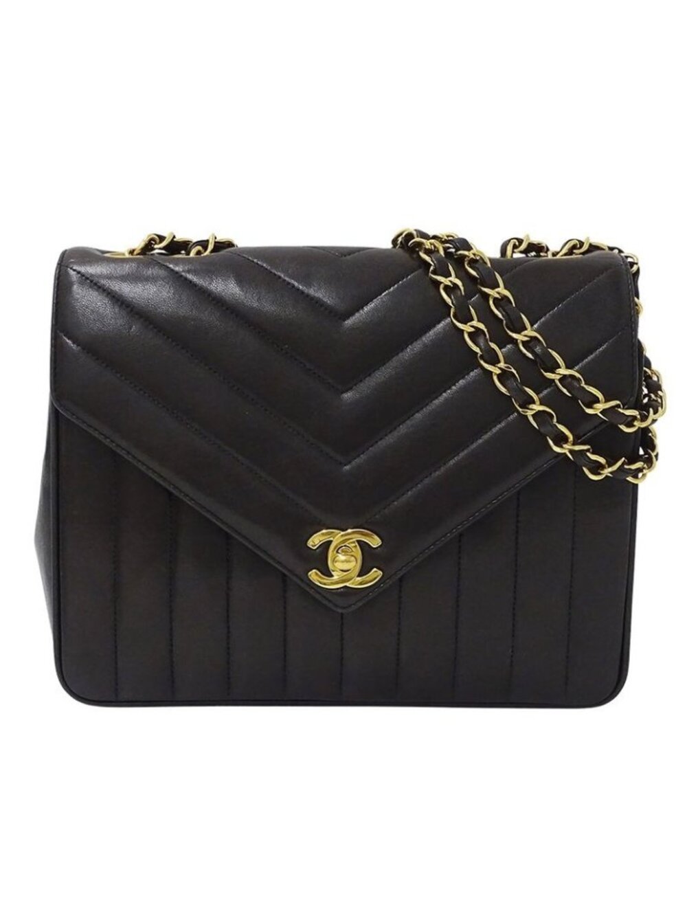 Chanel Bag Shoulder V Stitch Lambskin Black Gold Hardware